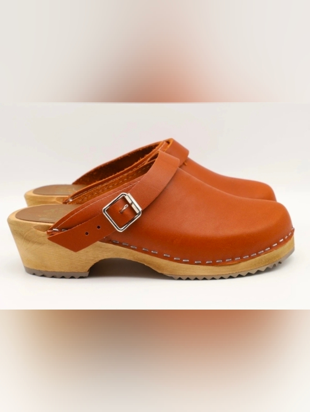 Mia Brown Leather Alma Swedish Style Clogs with Wooden Heel
